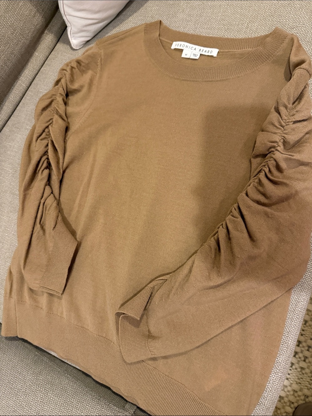 Veronica Beard Camel Ruched-Sleeve Crewneck Sweater
